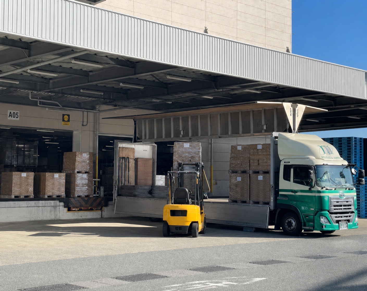 バースでトラックから荷下ろしをするフォークリフト